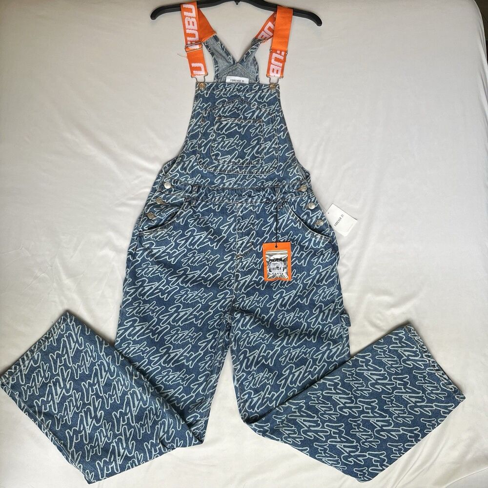 NWT Forever 21 FUBU Denim Overall One-Piece Graphic Print Blue/Orange Straps